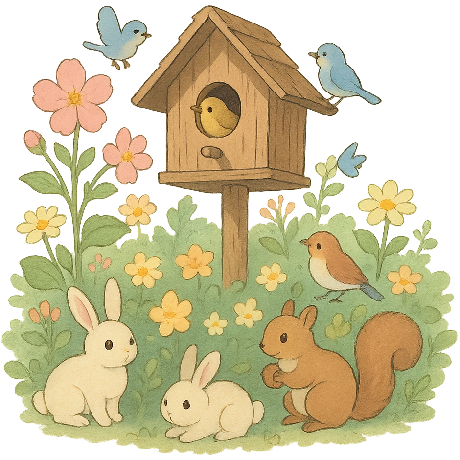 birdhouse with flowers and forest creatures including bunnies, birds, squirrels, soft pastel colors, transparent background emoji