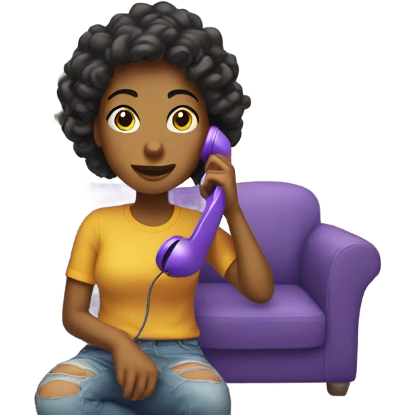 a girl using a purple phone in the living room of her house emoji