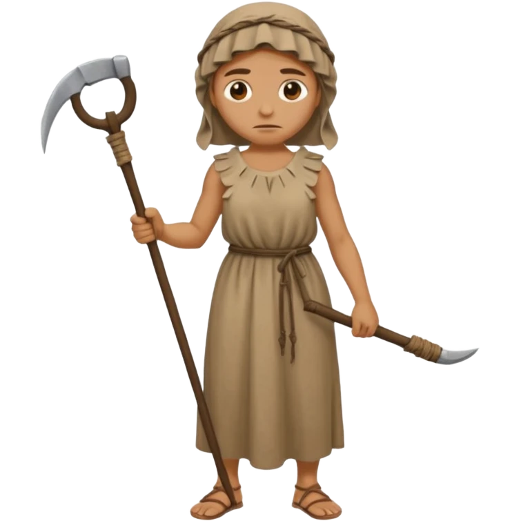 Emoji portrait of a Greek peasant. Rough chiton dress, holding a scythe, tired expression. emoji