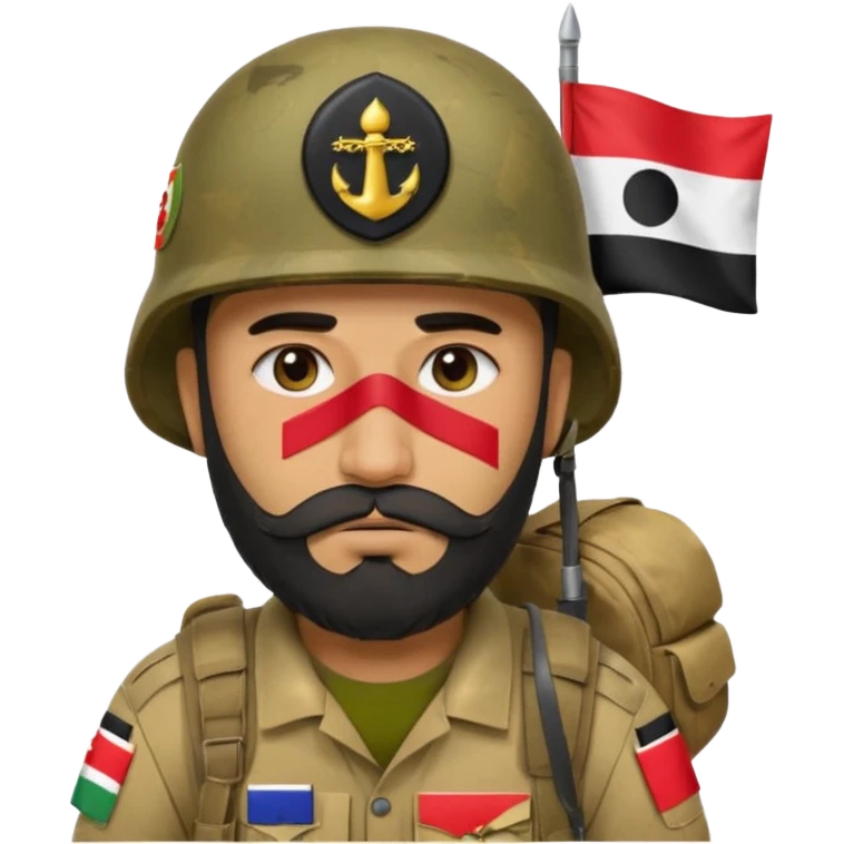 A very tired and sad, swarthy Iraqi soldier with a beard, an Iraqi flag on his helmet, a sad expression and bags under his eyes emoji