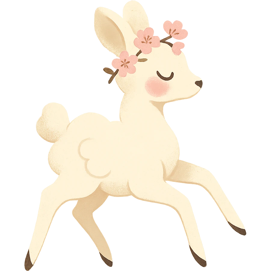 vanilla-colored cloud doe with rosy cheeks, cherry blossom crown, floating gracefully with witch-like elegance, brand identity mascot for social media emoji