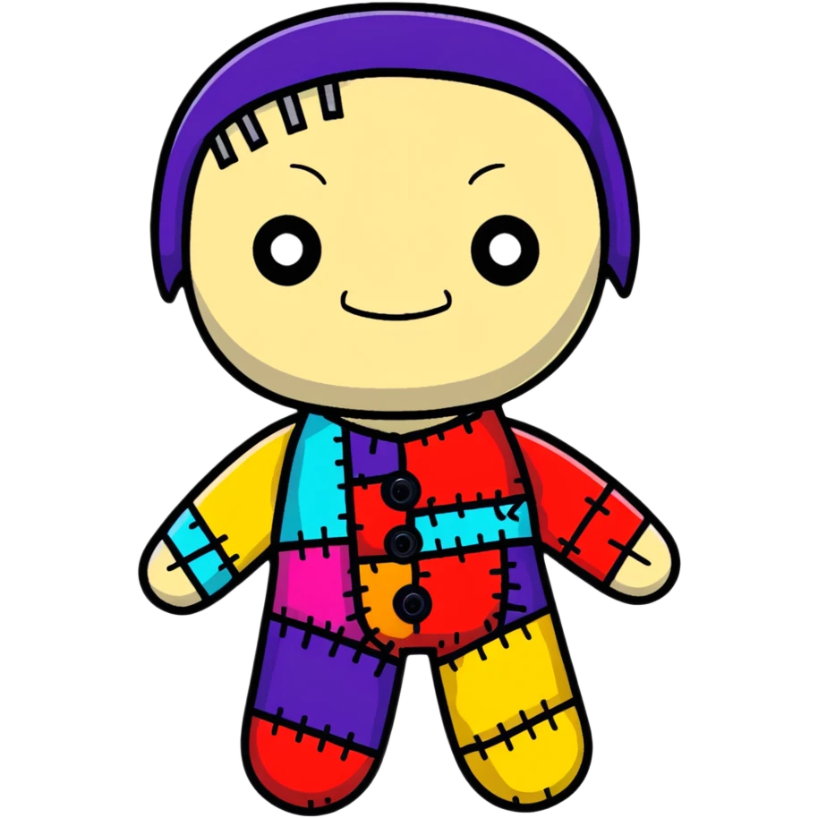 A colorful voodoo doll with patchwork fabric in bright colors, decorative buttons for eyes, and colorful pins sticking out of it emoji