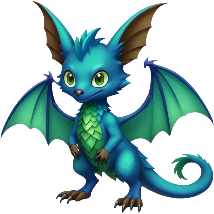 Cute cool fantasy animal hybrid bat-Sergal-Digimon-Fakemon full body, green scales, brown eyes, blue feathers emoji