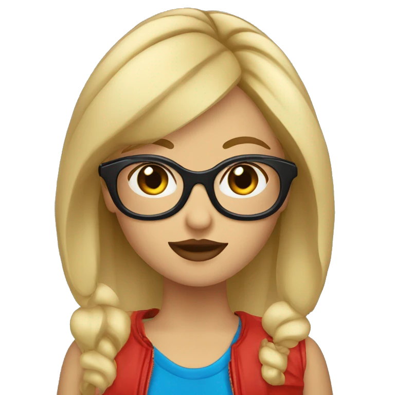 Chica rubia con pelo corto ojos azules y gafas de color negro y rojoazules  emoji