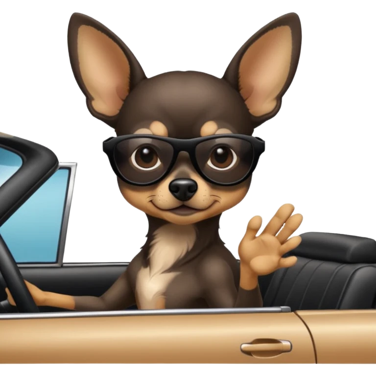 Make a skinny black deer headed chihuahua with a black nose wearing sunglasses driving in a car. emoji