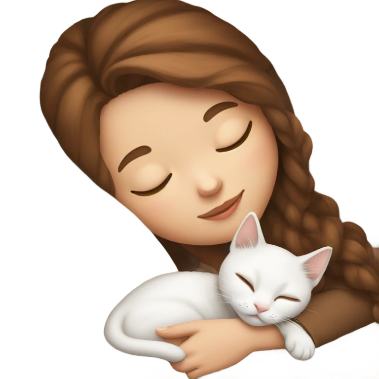 White girl brown hair sleeping with white kitty emoji