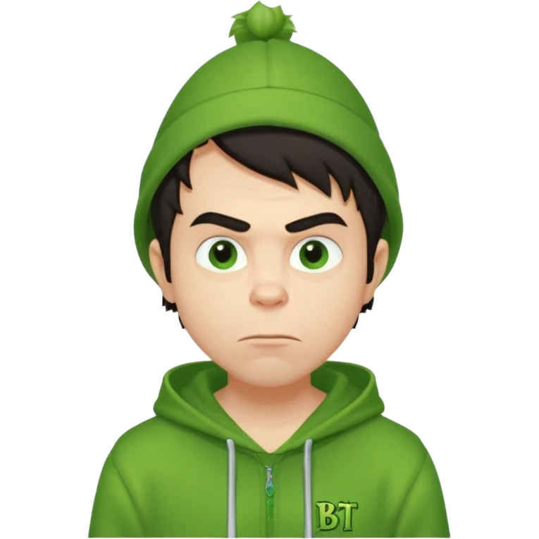 Create an avatar of white European with dark hair  male in hoodie with ``BST`` letters on it. Make background to look like from movie Grinch. make him look to left side emoji
