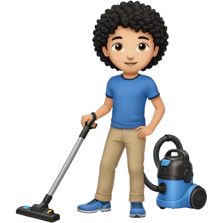 Emoji to encourage kids to do chores - should contain something about house chores, ok replace the broom with a vaccum make it atheltic boy 8 years old - egyptian with curly hair but not too curly -  emoji