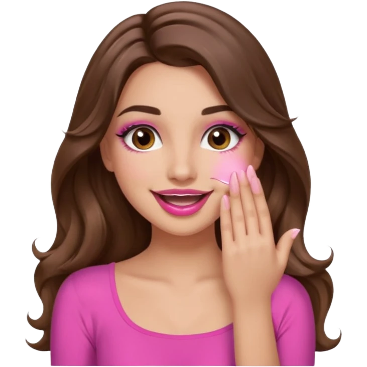 girl with long wavy brown hair, brown eyes, long lashes makeup, pink lips, light to medium complexion, pink sexy top, smiling, hand covering the mouth, emoji