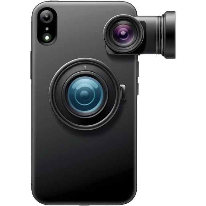 Minimalistic flat vector icon, iOS style, thin black contour on white background. Smartphone with a camera lens symbol. No text, no shadows.
 emoji