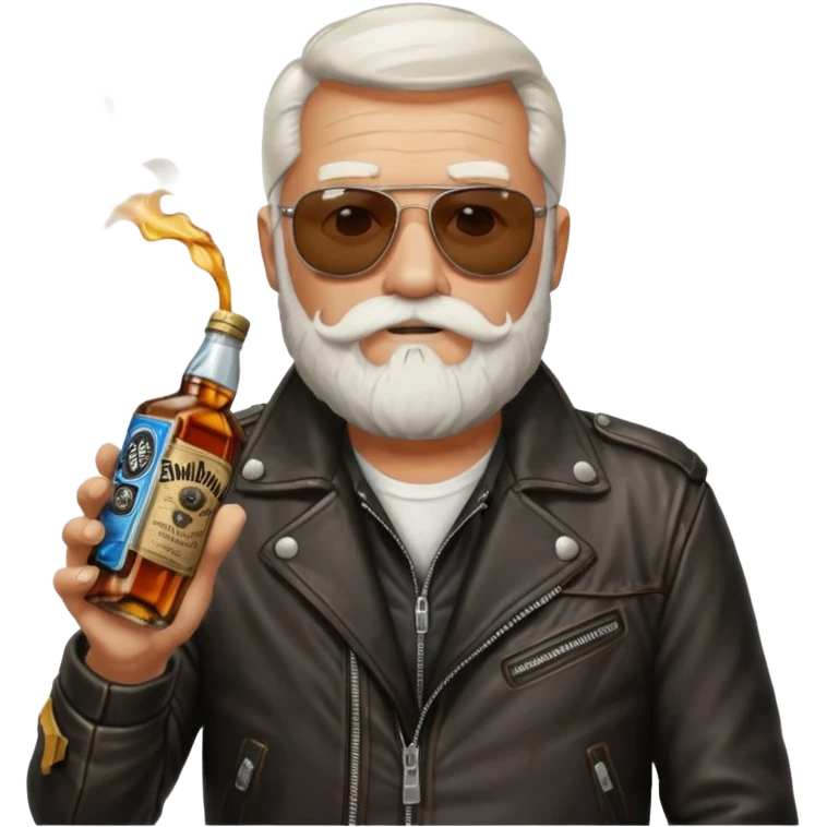 Un motero de barba blanca, gafas oscuras chupa de cuero y bebiendo de una botella de Jack Daniel's. emoji