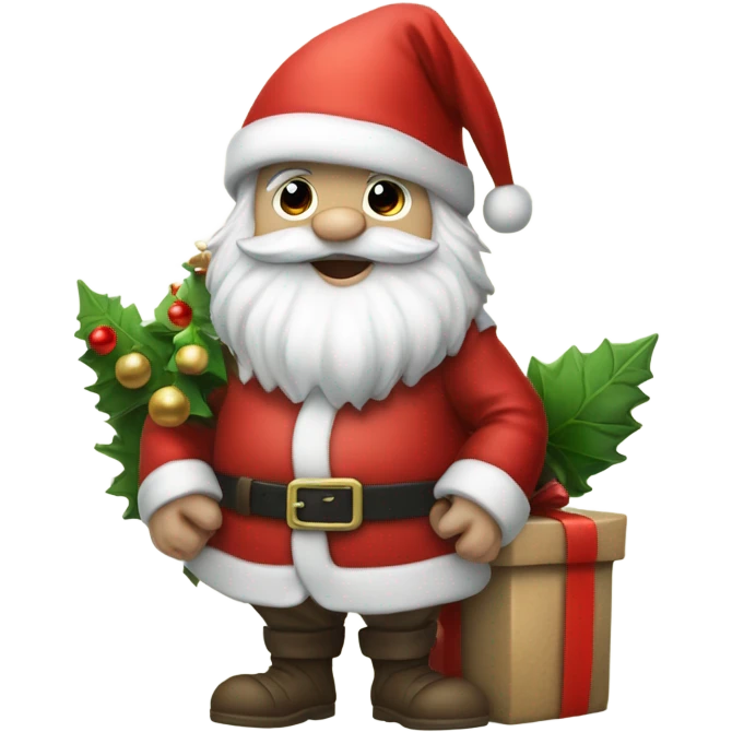 Gnome dressed like santa claus, next to a Cristmass tree and presents  emoji