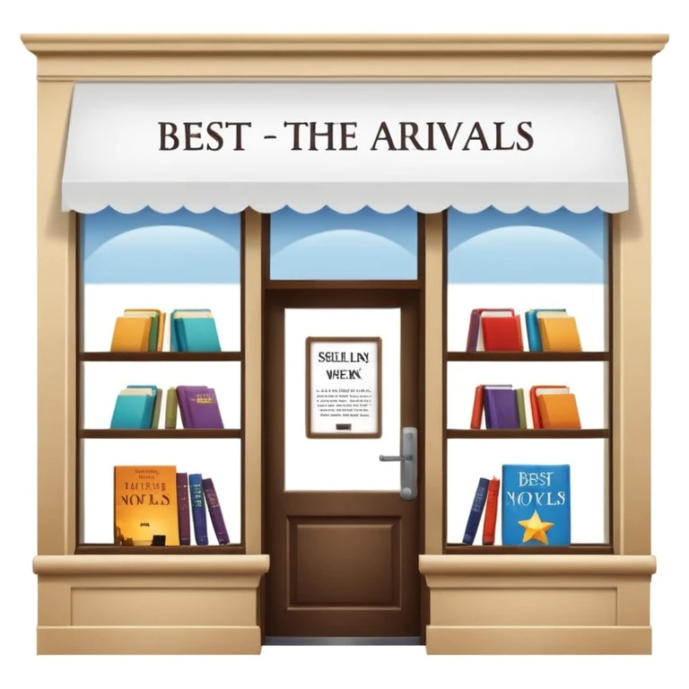 Bookstore window display. A sign displays “New Arrivals This Week”. Below, a shelf tag with the text “Best-Selling Novels Here”.  emoji