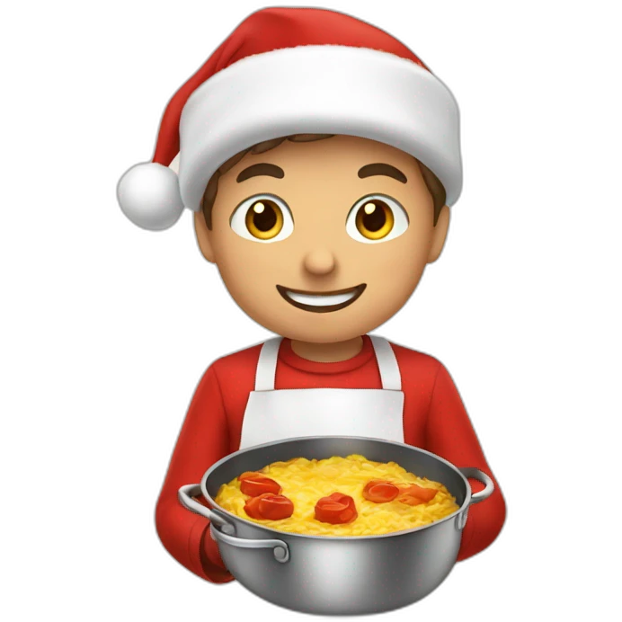 young boy santa red costume cooking dinner emoji