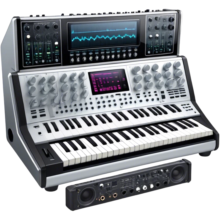 Create a professional and detailed emoji that represents sound design equipment. The design should feature a high-end Korg synthesizer, a sound mixing console, and a control panel with audio cables connecting to large studio speakers. Surround the equipment with sound waves made of musical notes to symbolize the creative process of shaping sound. Use sleek colors like silver, black, and neon accents to highlight the high-tech nature of the equipment. The background should be transparent. emoji