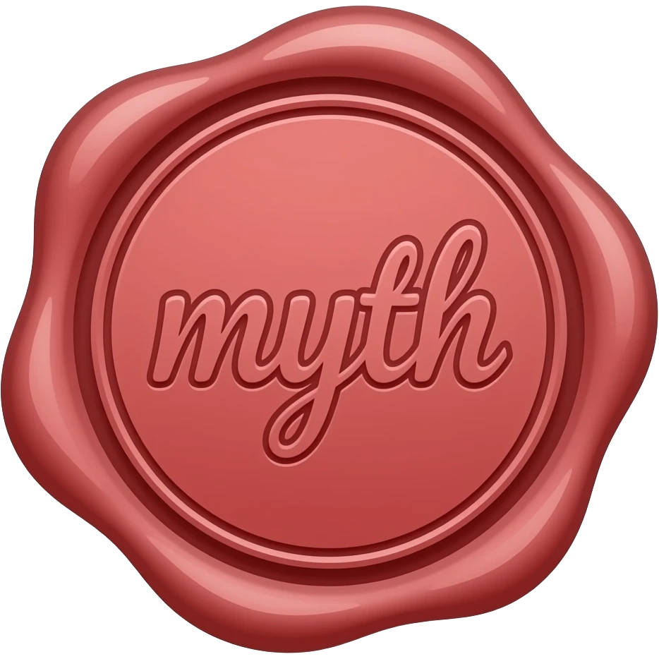 minimalistic line art wax seal with the word ‘myth’ in red sticker, elegant thin strokes, pastel tones, clean vector design, no background, modern aesthetic, 8k emoji