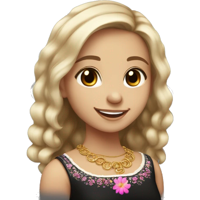 Slavic girl, light skin, brown eyes, black-to-blonde ombre straight tail, smiling with teeth, wearing beautiful dark blouse with a folk pattern of small pink flowers and gold necklace. emoji