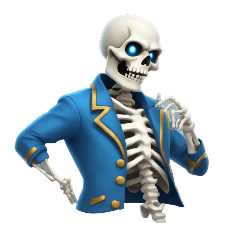 Skeleton with ONE blue glowing eye summoning mahoraga in a blue jacket with a white shirt emoji