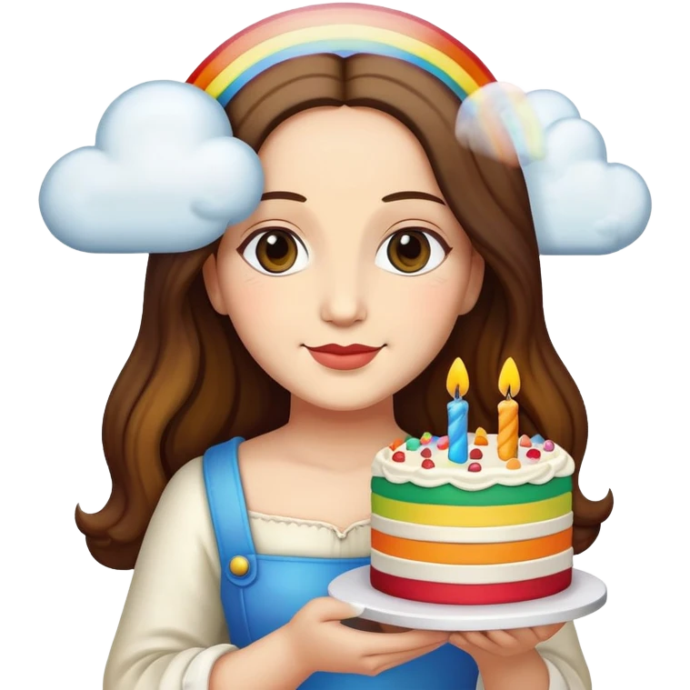 monalisa holding a rainbow birthday cake with clouds emoji