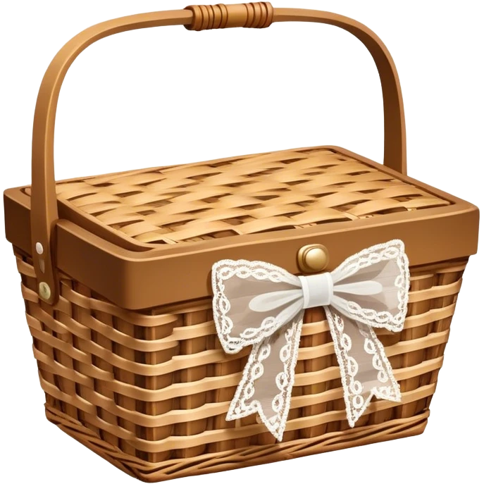 Realistic isolated small outdoors wicker picnic basket with white lace bow emoji