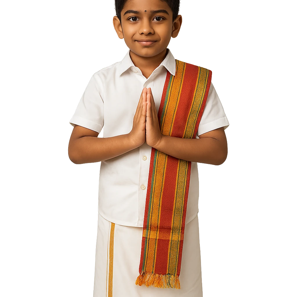A young Tamil boy in cultural dress: white dhoti, short-sleeved shirt, and a colorful angavastram, standing with hands together in a respectful greeting (namaste). emoji