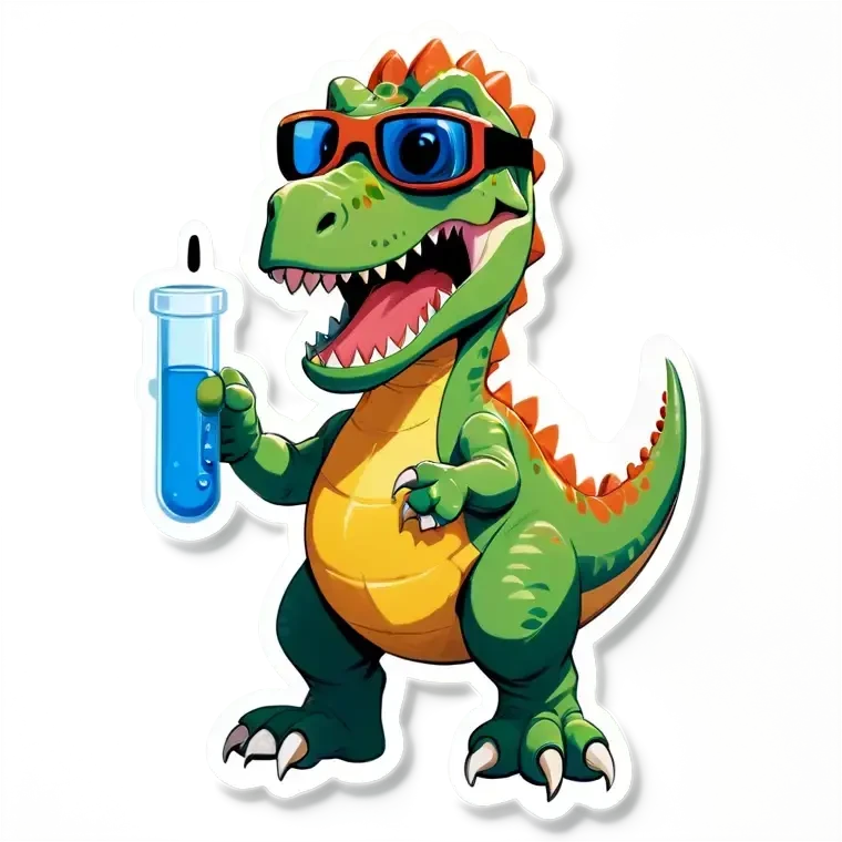 dinosaur holding a test tube with safety goggles emoji