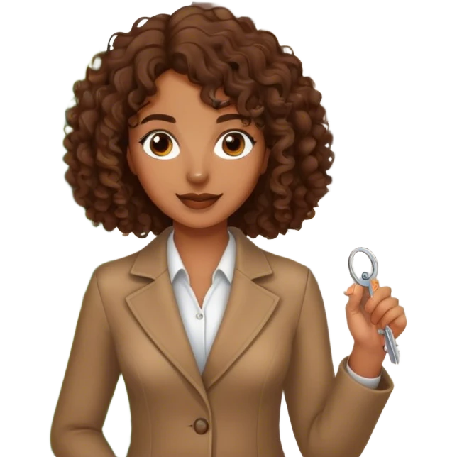 brown lady with medium brown mid length curly hair in real estate job with house emoji