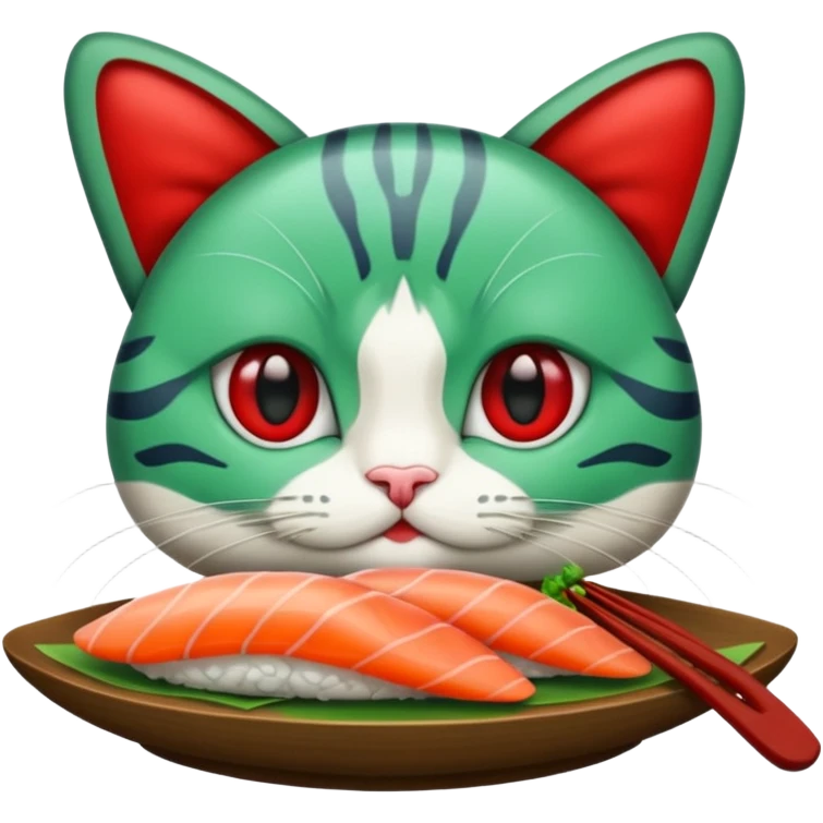 emoji di un gatto che tiene del sushi in mano, è verde con gli occhi azzurri ed un papillon rosso emoji