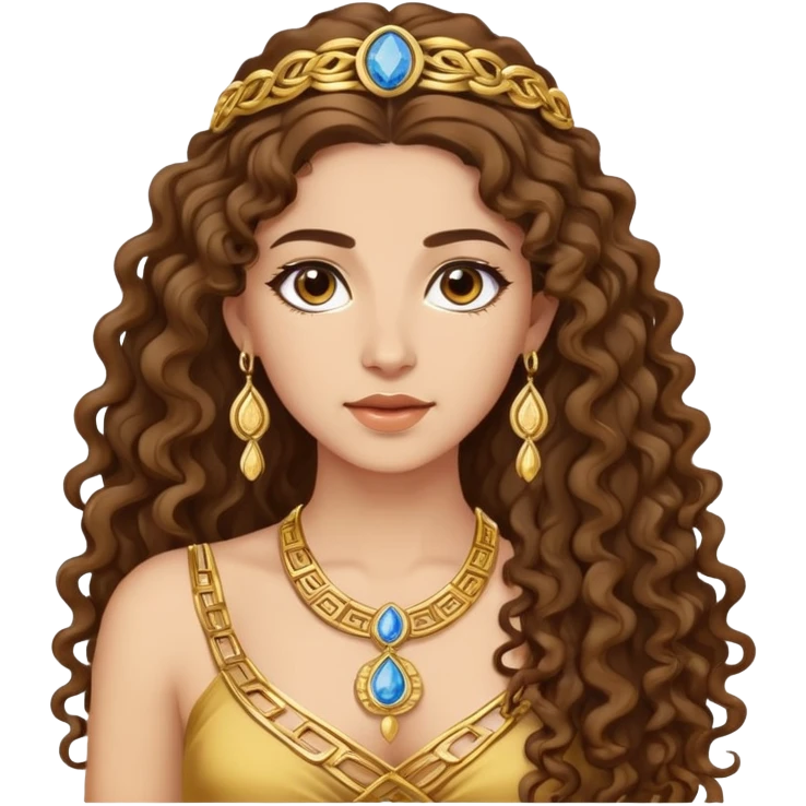 attractive Greek woman with long curly hair and light skin wearing gold Greek jewelry emoji