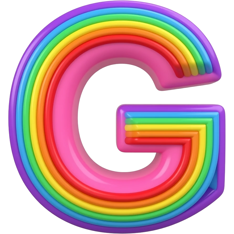 name "G" in fuchsia pink, 3D style typography lettering, each color of the rainbow as a border outlined around each letter, isolated, 3d rendering, no emoji icons no emoji faces and must have no human figures emoji