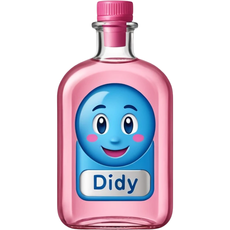 Smiling bottle of oil blue top pink outside with logo that says diddy oil emoji