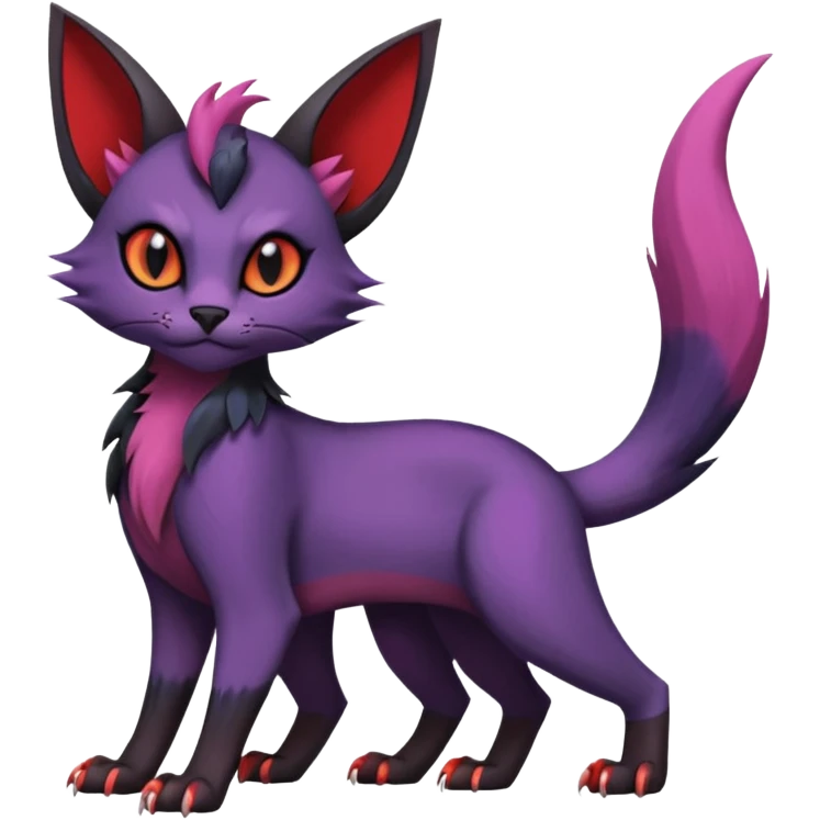 Black edgy Noivern-Noibat-Purloin-Torracat-Lykoi-Caracal-cat-Fakemon-fusion-hybrid-creature with violet and red scale markings emoji