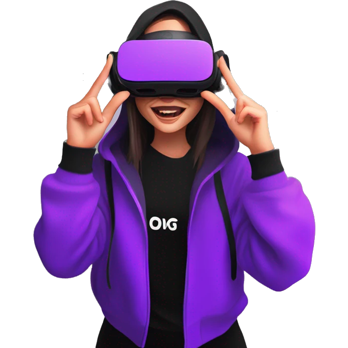 Russian girl wearing black hoody with violet letters "OMG", in vr headset oculus quest2. Dancing. Cyberpunk style. Violet neon. emoji