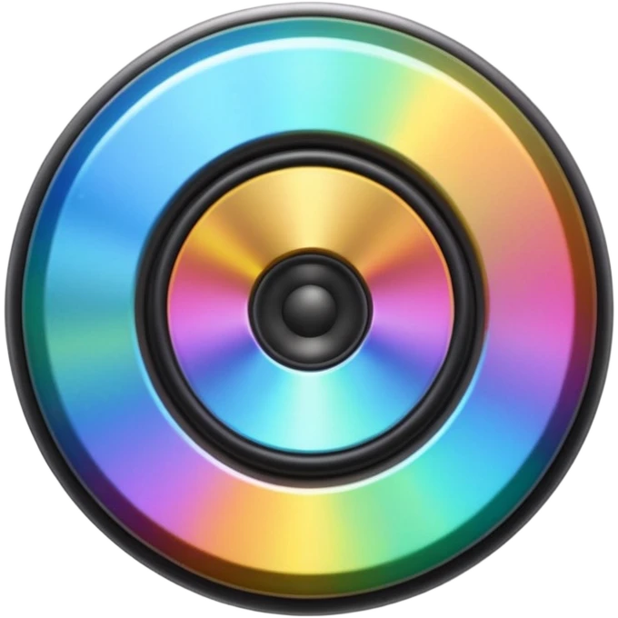 A speaker emoji 🔊 with a smooth CD-like surface that reflects iridescent colors shiny plastic body, prismatic reflections shifting across the front, soft sparkles and light gleams, holographic sheen, clean simple shape, bright colorful highlights emoji