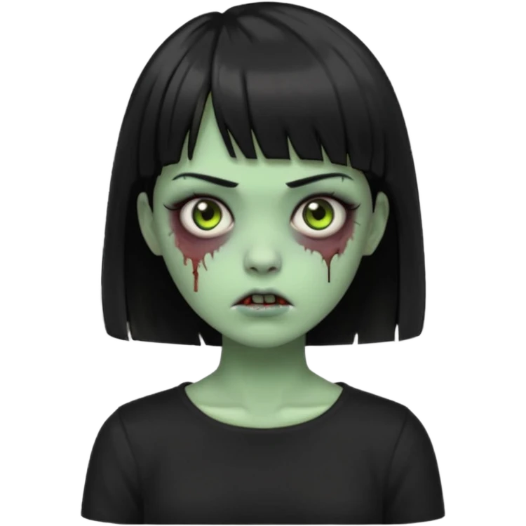 Zombie girl emoji verde com cabelo curto liso preto no ombro e franja na altura da sobrancelha com uma blusa preta emoji