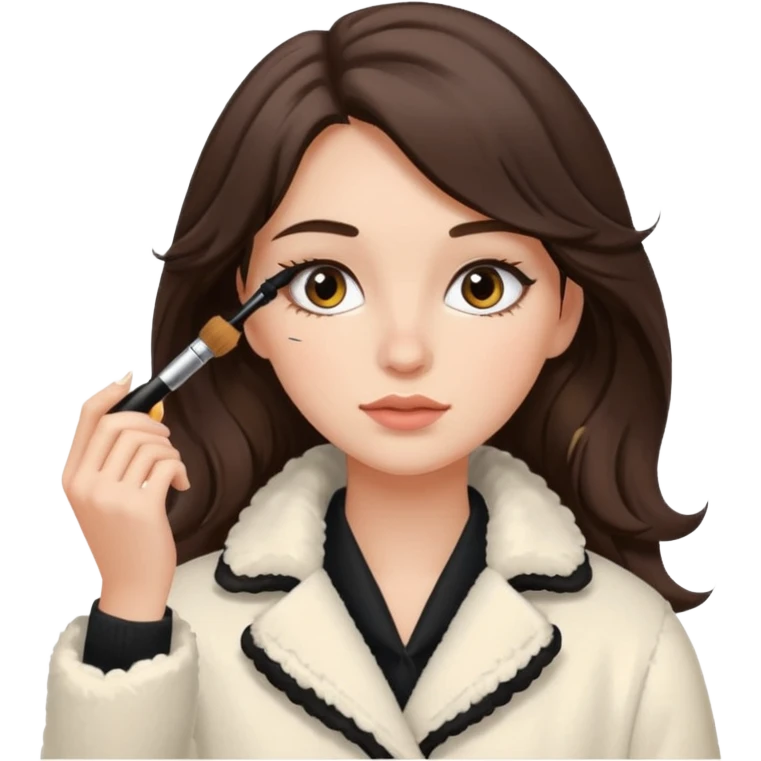 Garota branca de cabelos levemente ondulados castanhos escuros médio aplicando máscara de cílios, ela veste casaco off white estilo cozy emoji