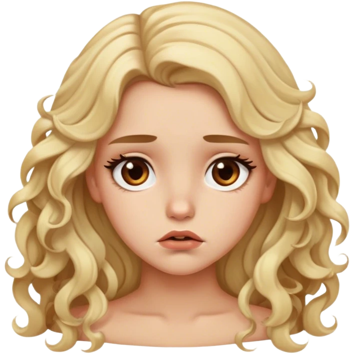blonde model, brown eyes, long curls, sad emoji