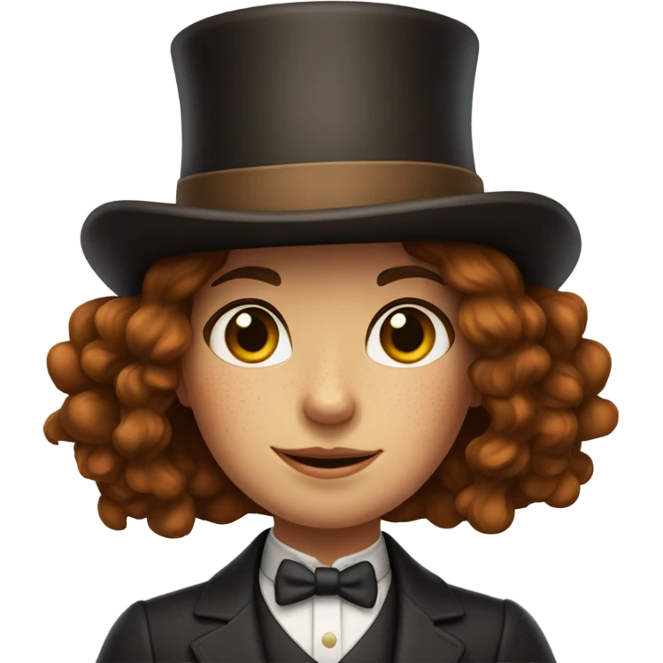 freckled girl with brown hair with top hat emoji