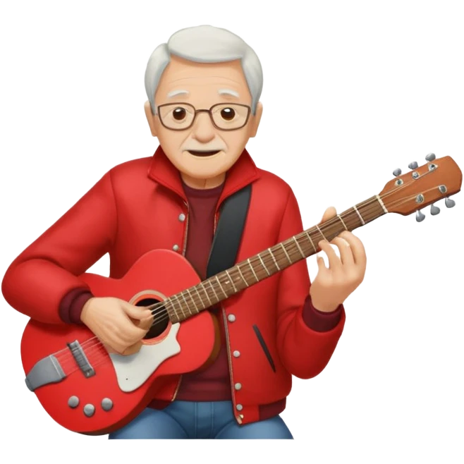 guitar rock player, elderly head, red jacket emoji