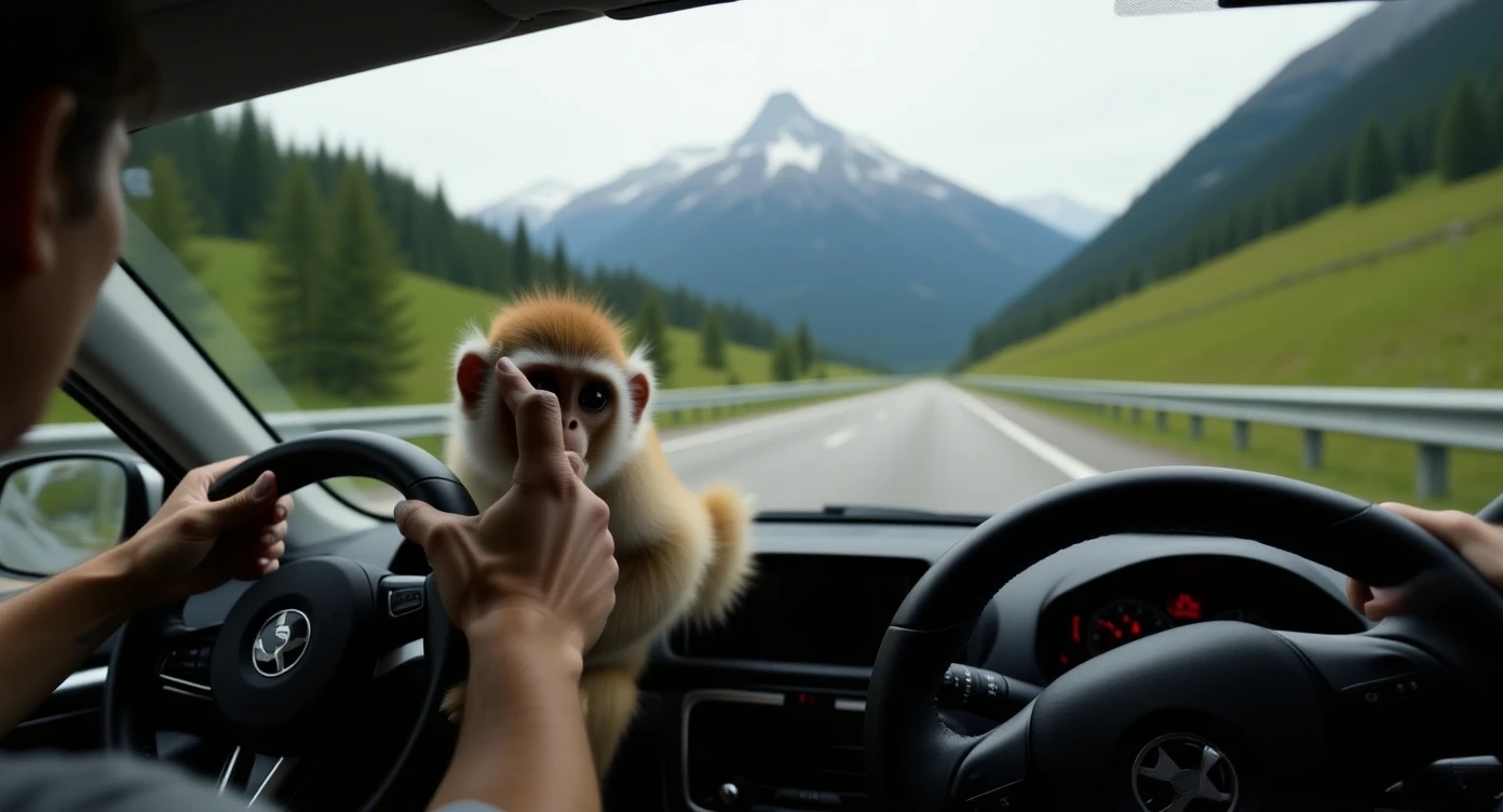 Realistic camshot pov of monkey drive a car (hands holding car wheel) switzerland road with car crash emoji