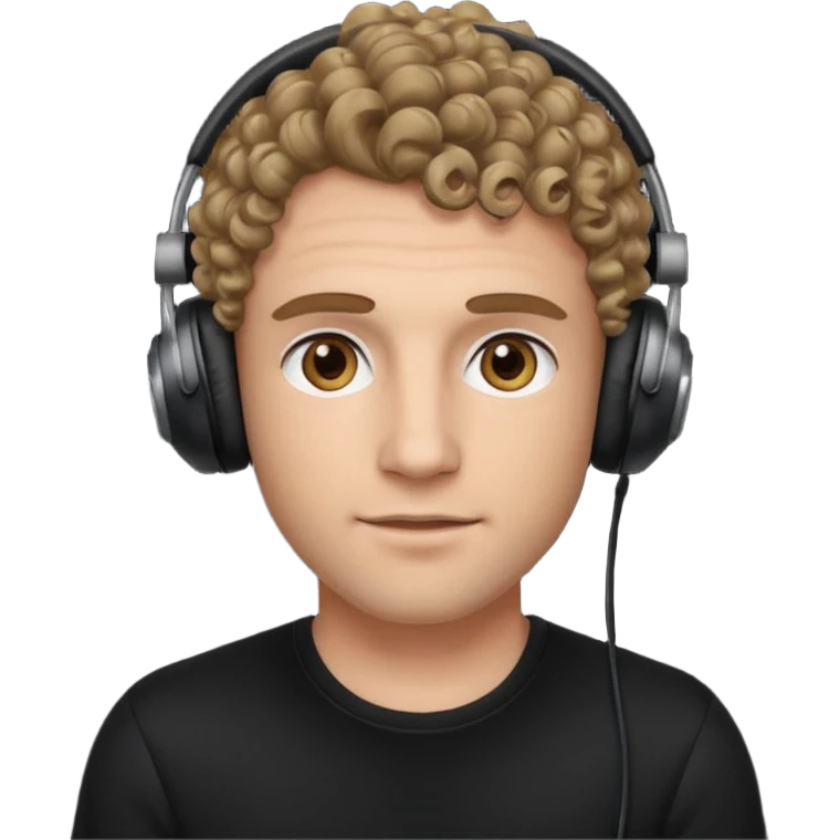 curly dark blonde haired man with hazel eyes, wearing a black top and black gaming headphones emoji