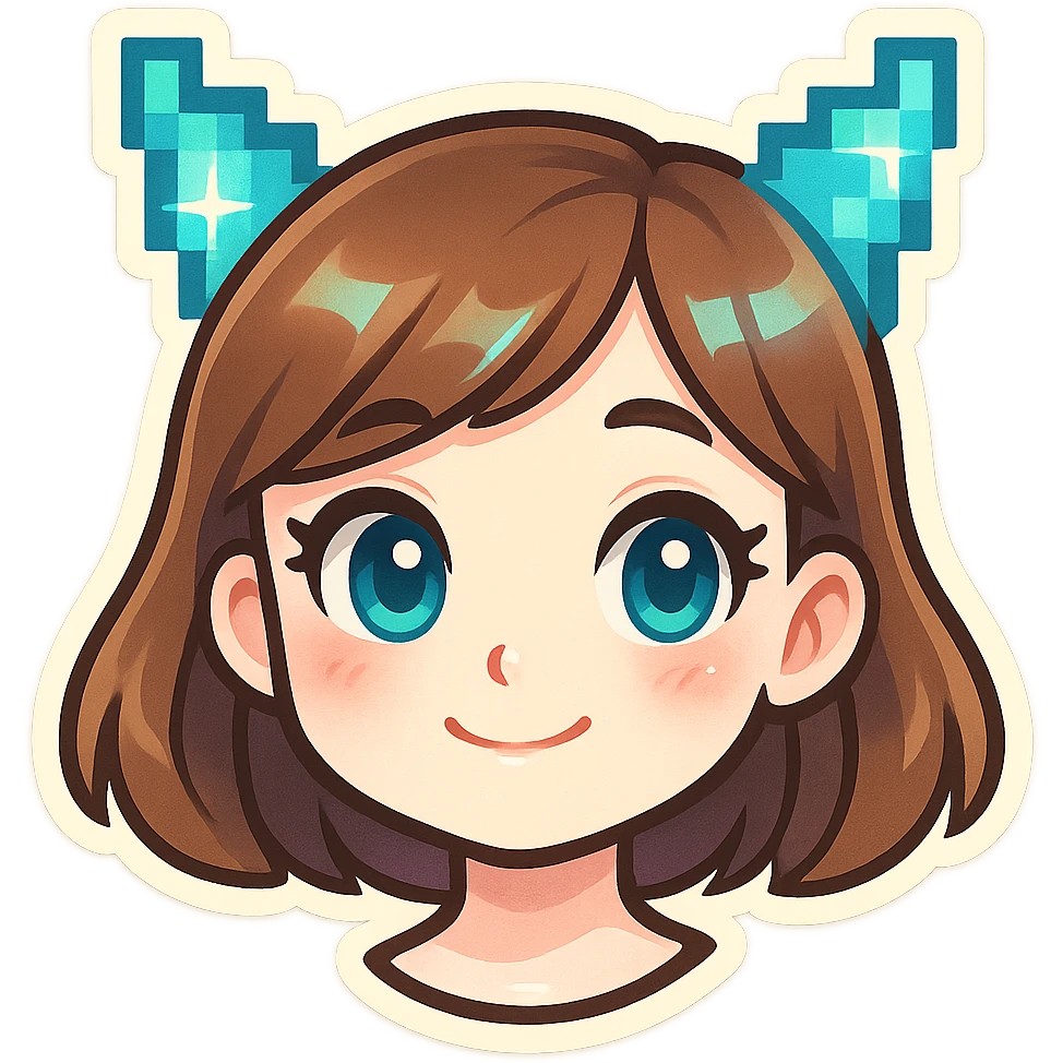 cute girl in Telegram sticker style, very pale skin, neat facial features, large expressive eyes, soft smile, pixel or digital elements like pixel ears or holographic details, white background, head only without neck emoji