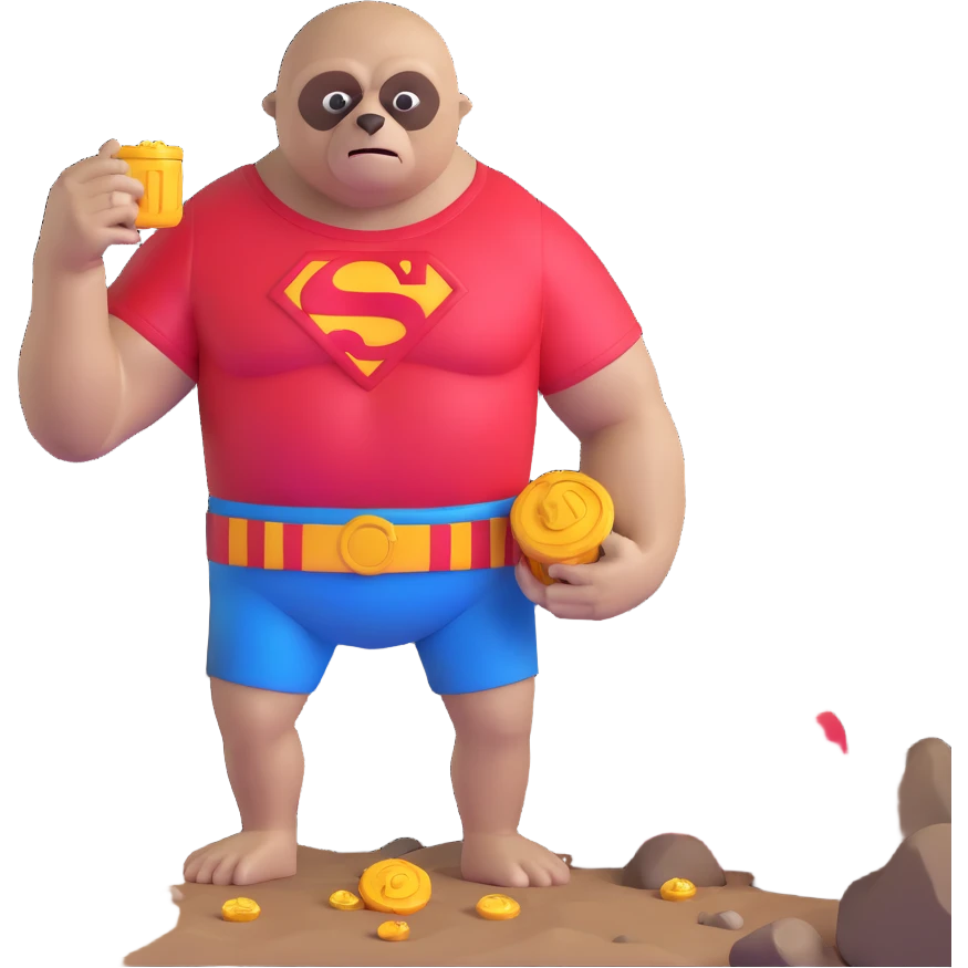 Sloth from The Goonies, muscular friendly man with distorted face, large eye, wearing red Superman shirt in a cave with treasure emoji