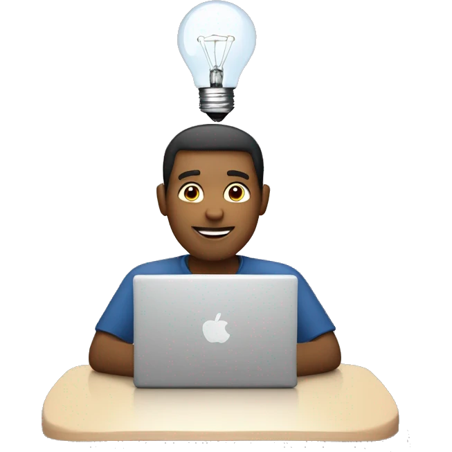 man with laptop and light bulb above head emoji