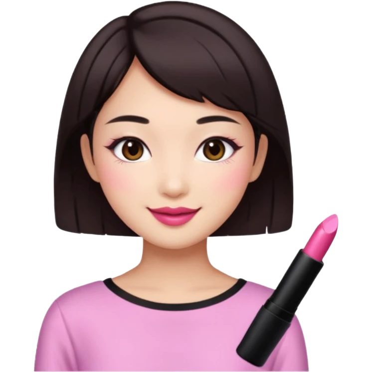 asian girl with short dark brown hair and dark brown eyes with a soft girl pink glowup aesthetic emoji
