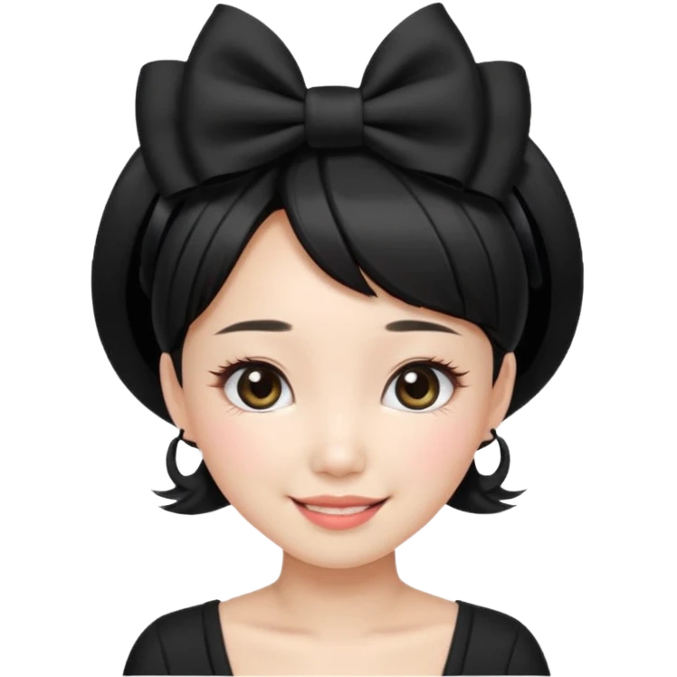 Korean woman with black cute  cut with a black top and a bow on her head with long lashes emoji