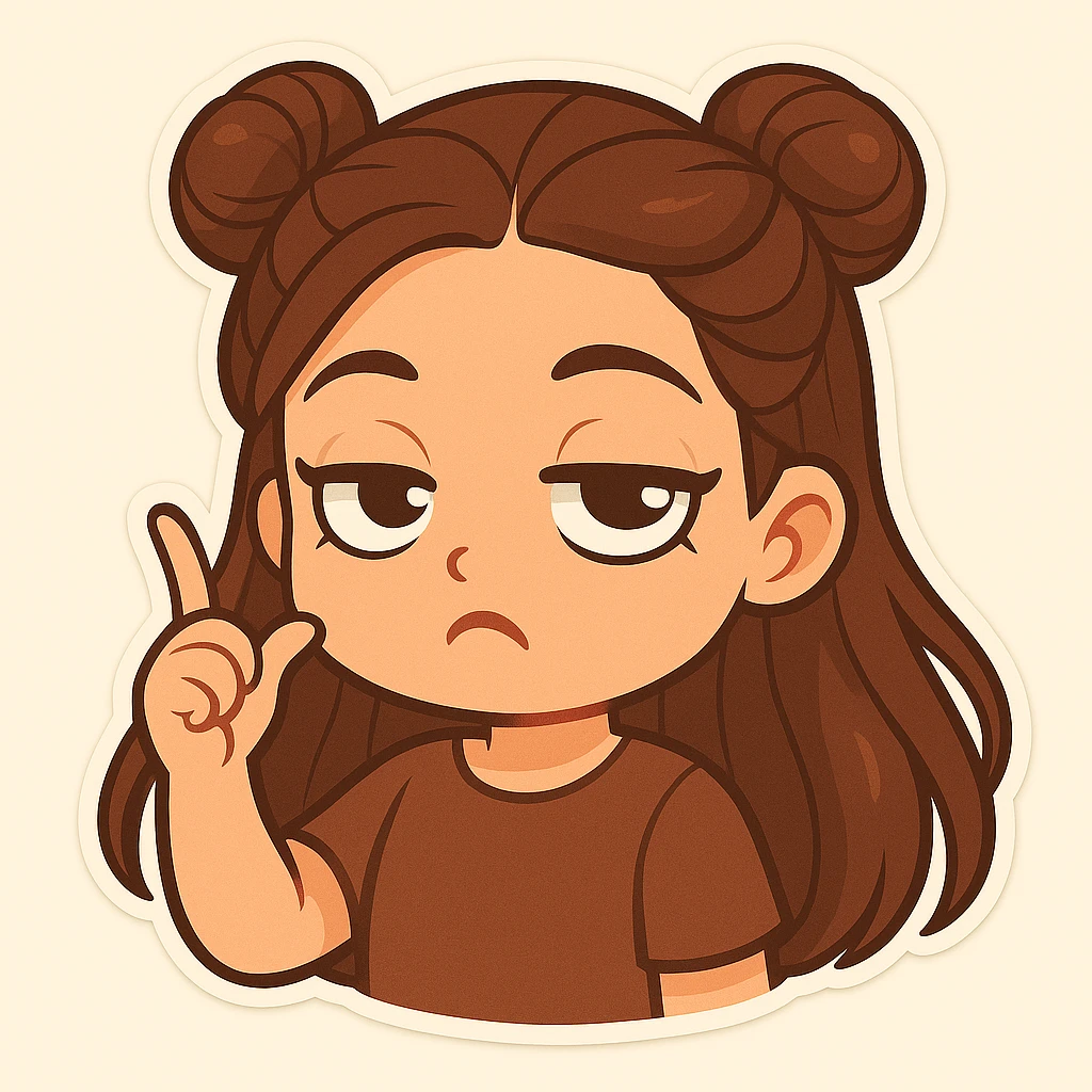 Create a chibi sticker of the girl with double bun hairstyle, twirling her finger at her temple and rolling her eyes, sarcastic and funny. emoji