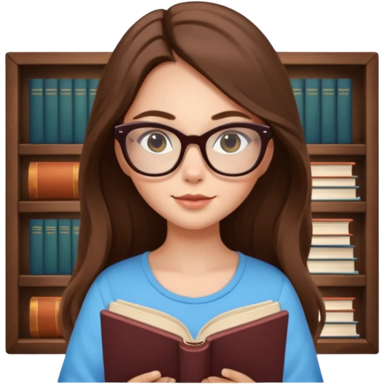 clean beautiful girl long brown hair, wear glasses cat eye, reading a book emoji