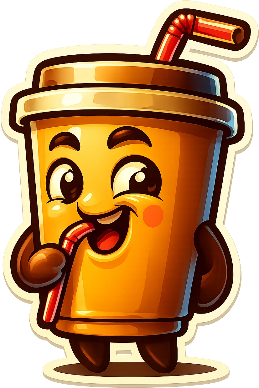 Tall coffee cup, amused, giggling, mischievous, drinking coffee with straw, looking sideways emoji