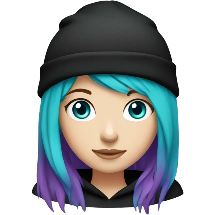 White girl, black hoodie, long teal and purple hair, black beanie hat, blue eyes emoji